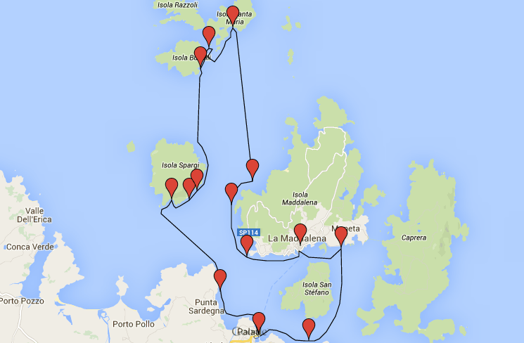 Itinerario de la excursión en barco al archipiélago de la Maddalena