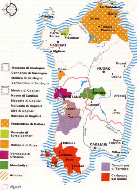 Mapa de regiones de vino de Cerdeña