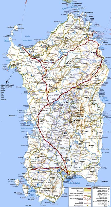 Mapa de carreteras y autopistas de Cerdeña